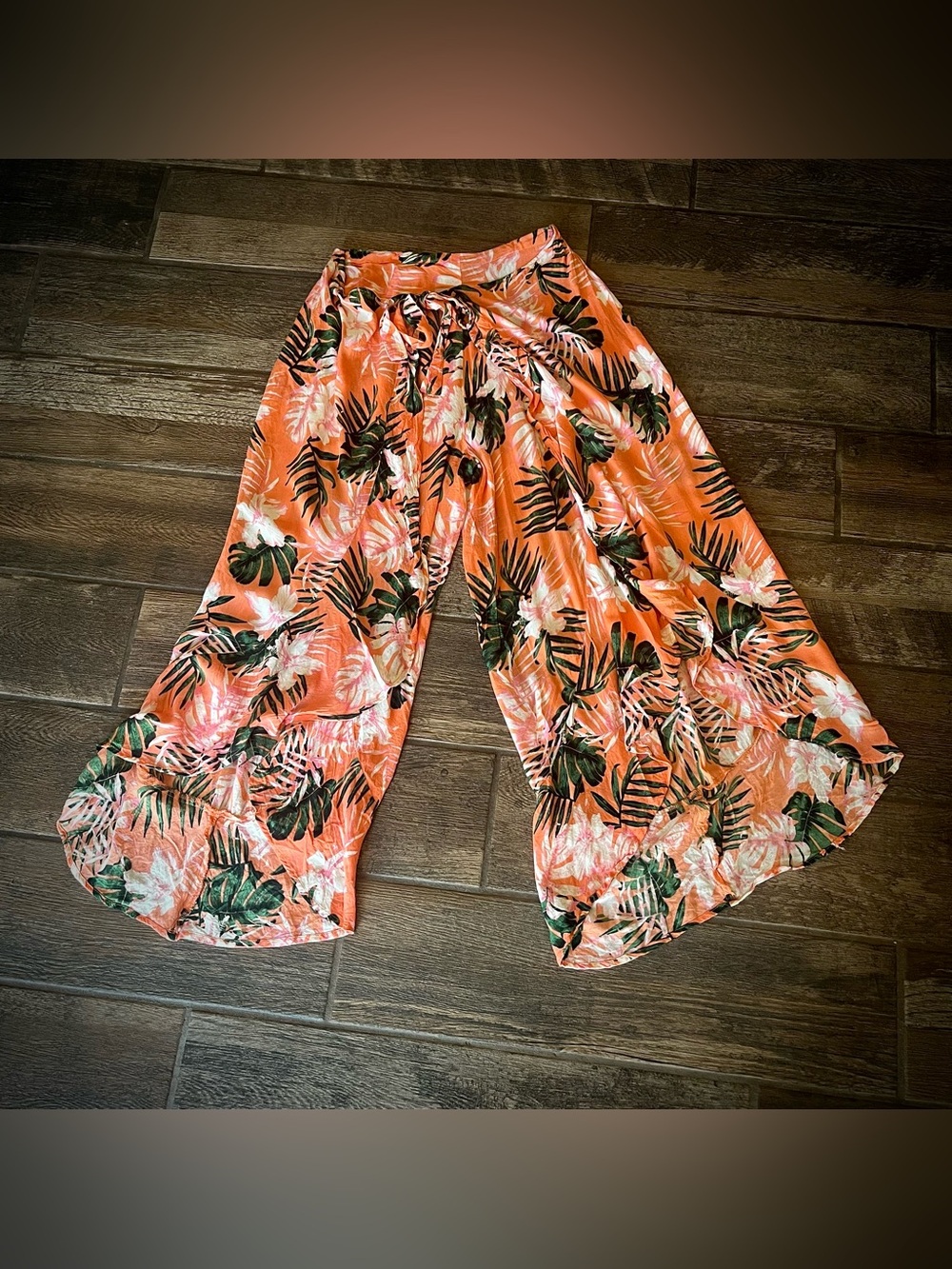 BOHO Soul Coral  Orange and Black Hawaiian floral wrap Pants S